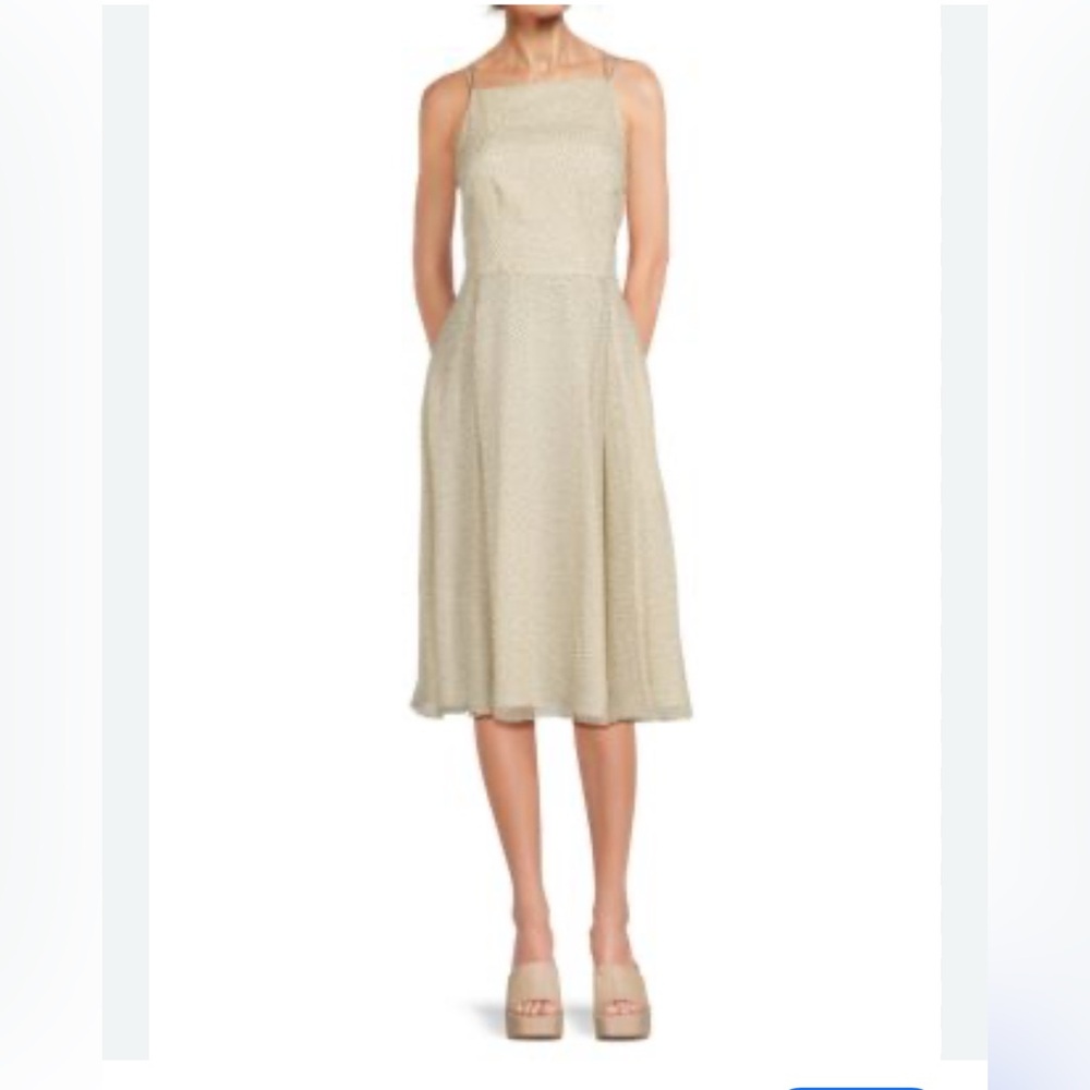 Theory Silk Midi Dress ivory + black polka dots square neckline crossed strap 8